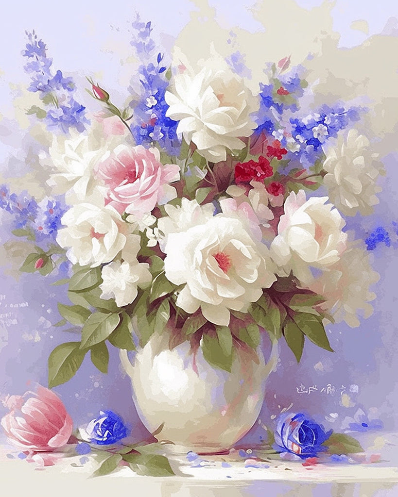 Flores Moradas y Blancas en Florero Blanco Redondo Pintar por Números