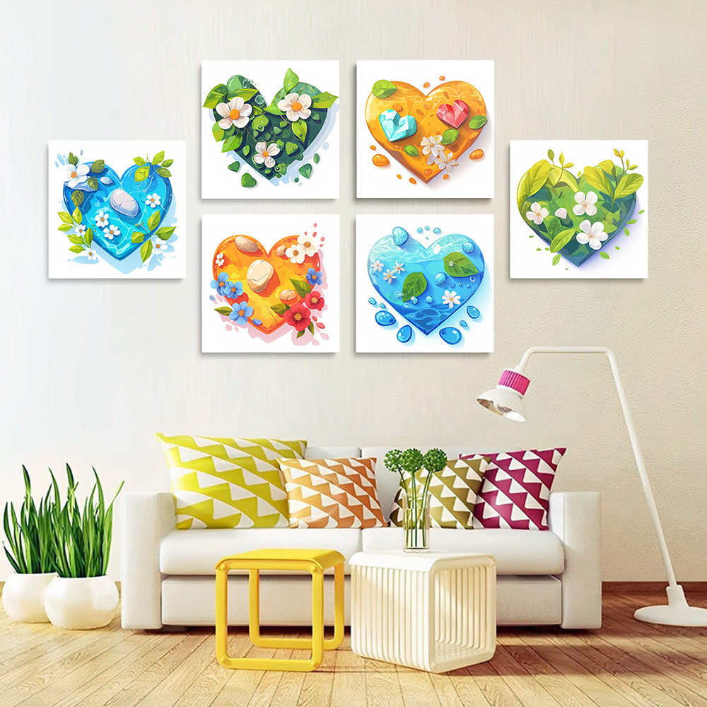 Flores y Agua en Corazón 6 Partes Mini Pintar por Números