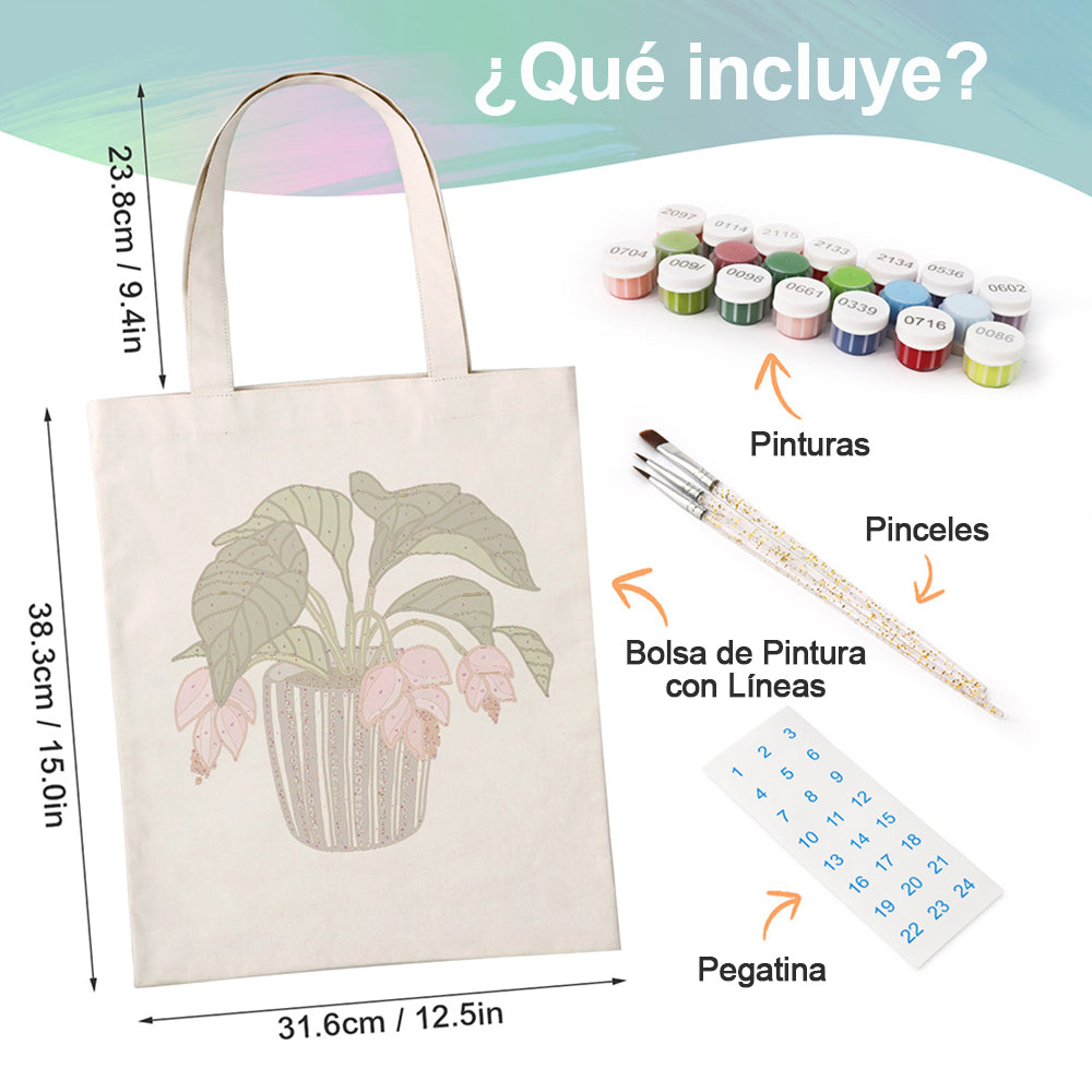 Flores y Hojas en Jarrón de Vidrio Bolsa de Lienzo Pintar por Números