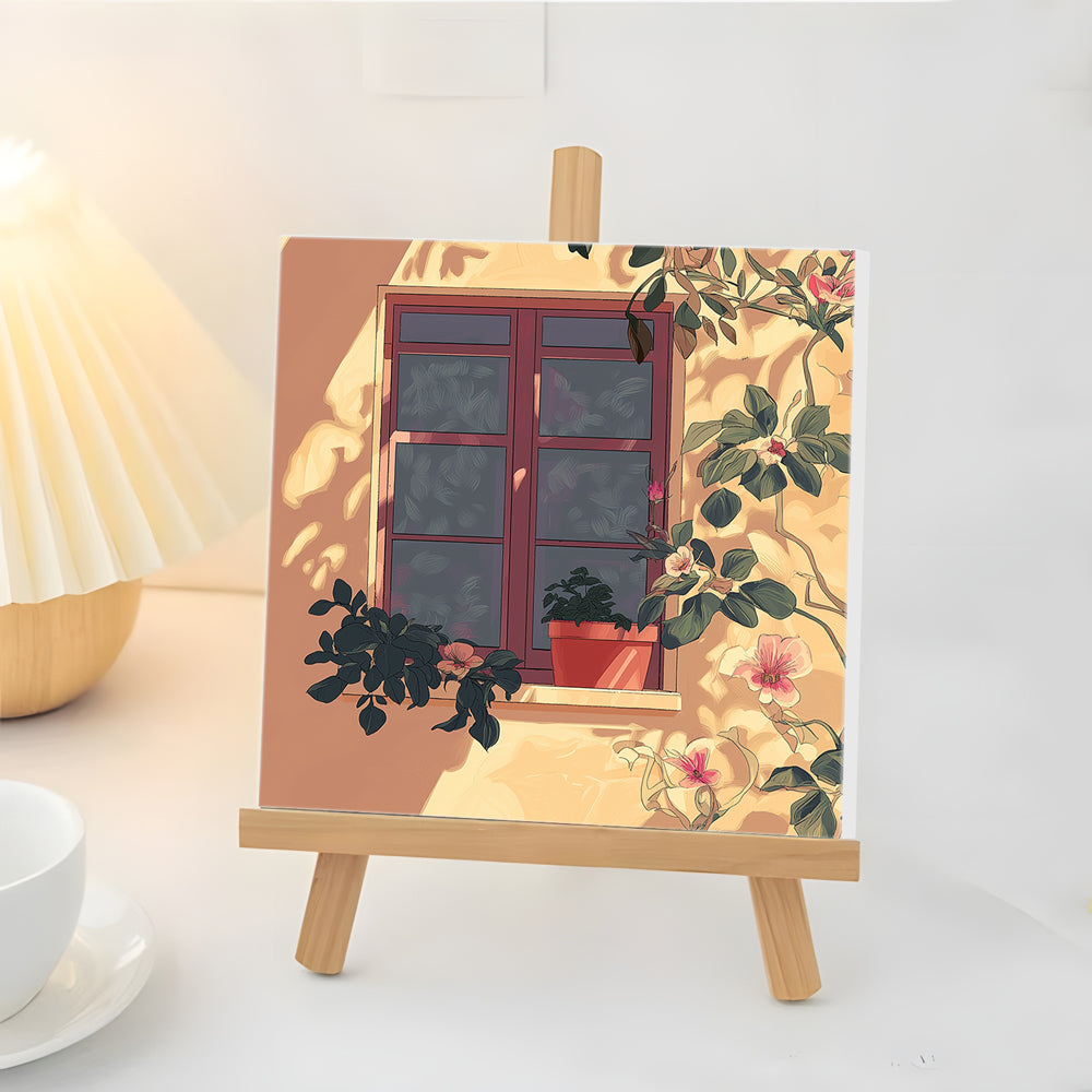 Flores y Planta con Maceta en la Ventana Mini Pintar por Números