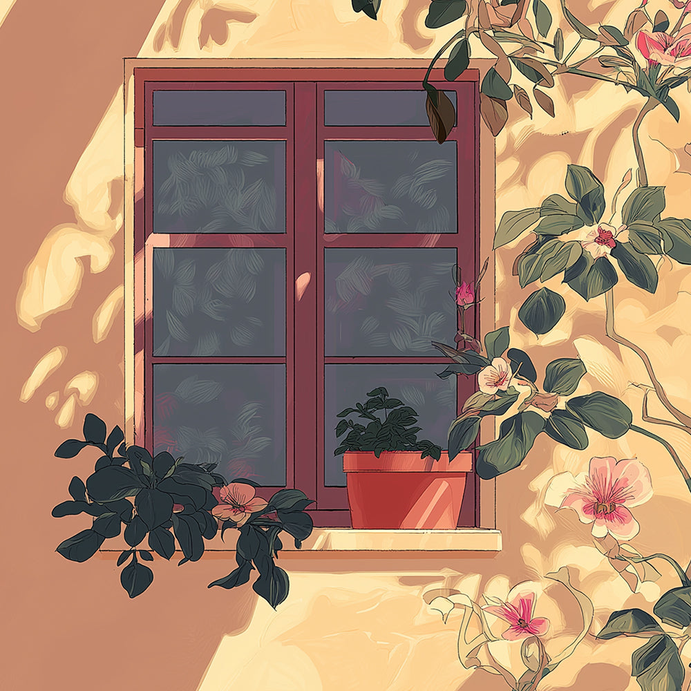 Flores y Planta con Maceta en la Ventana Mini Pintar por Números