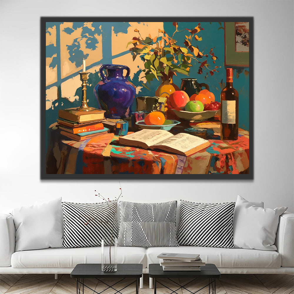 Frutas y Libros sobre Mesa al Sol Pintar por Números