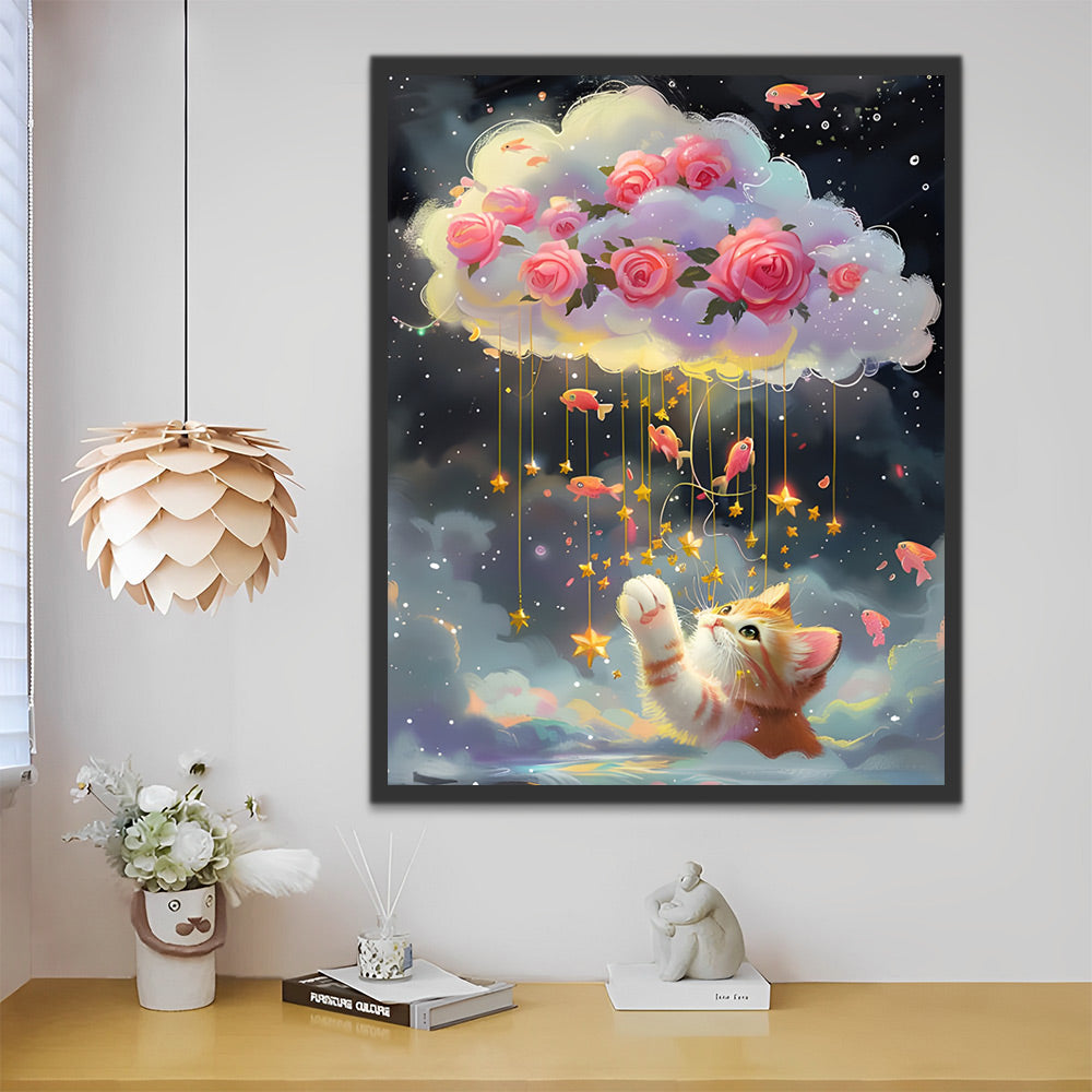Gatito con Nubes de Rosas en Cielo Estrellado Pintar por Números