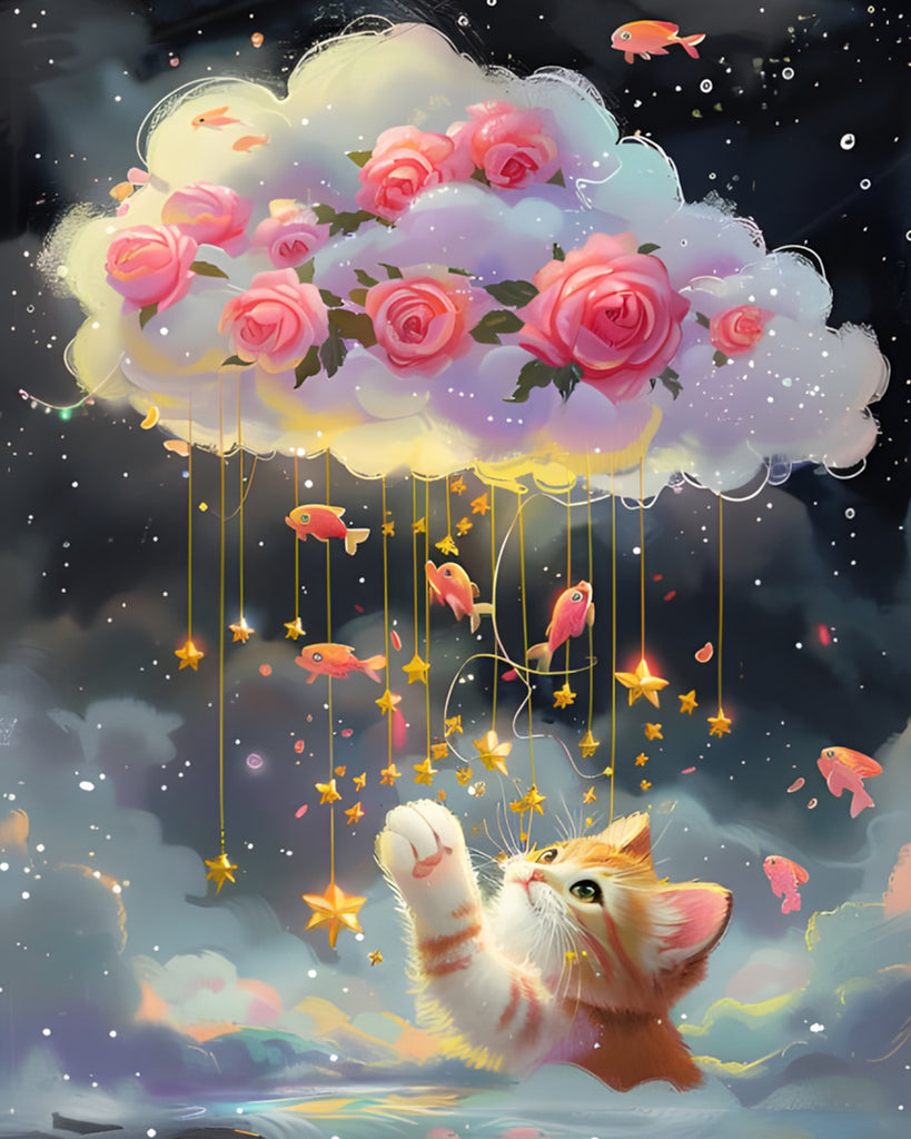 Gatito con Nubes de Rosas en Cielo Estrellado Pintar por Números