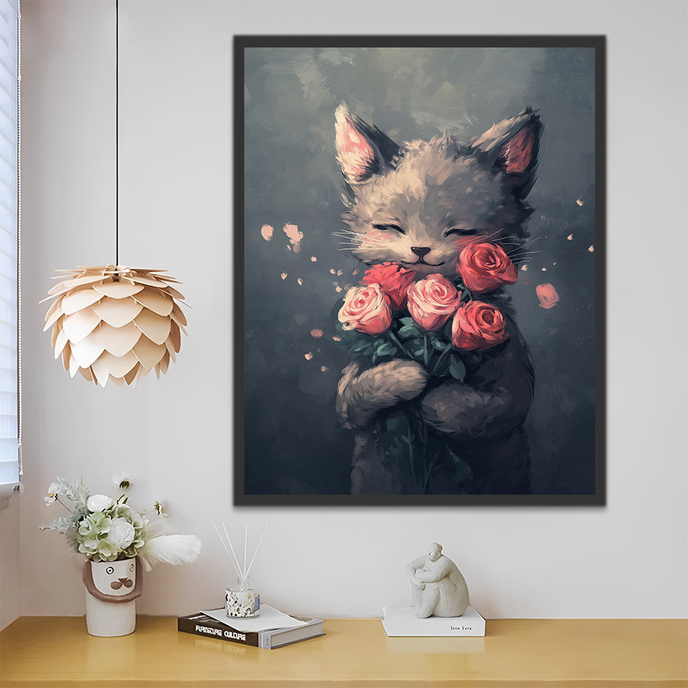 Gatito Gris con Rosas en Su Mano Pintar por Números