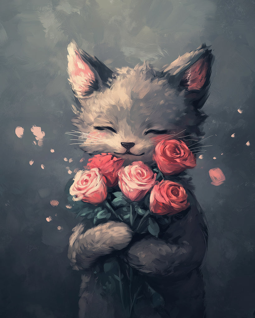 Gatito Gris con Rosas en Su Mano Pintar por Números