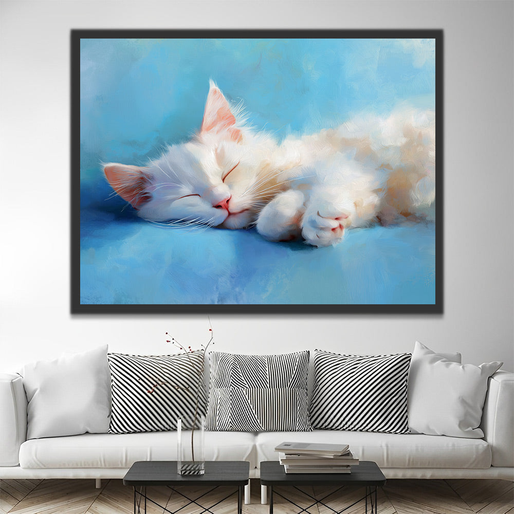 Gatito Lindo Blanco Dormido y Fondo Azul Pintar por Números