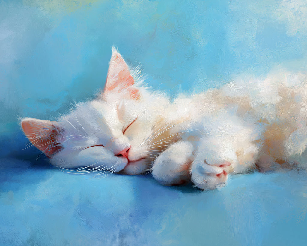 Gatito Lindo Blanco Dormido y Fondo Azul Pintar por Números