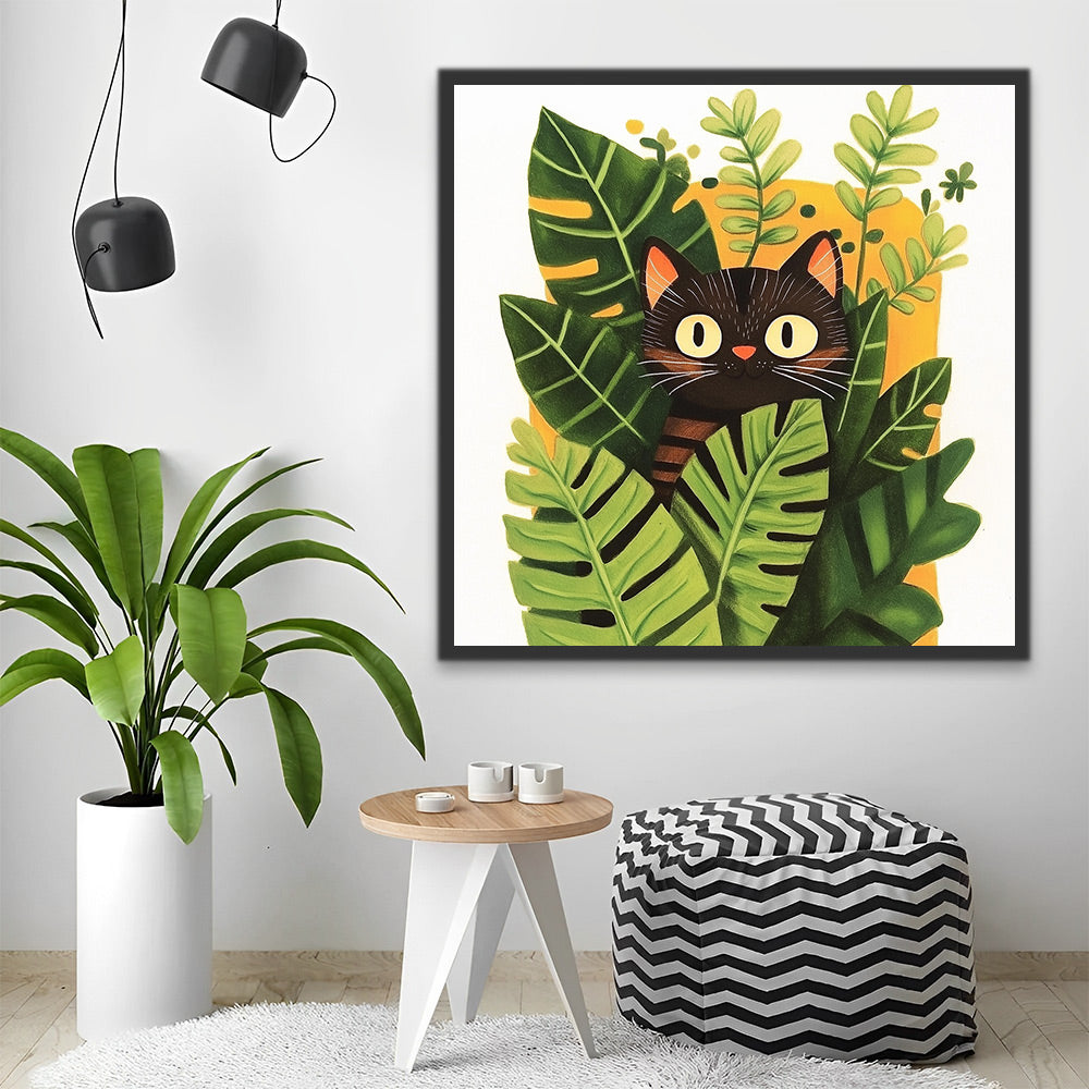 Gatito Negro Detrás de Hojas Verdes Pintar por Números