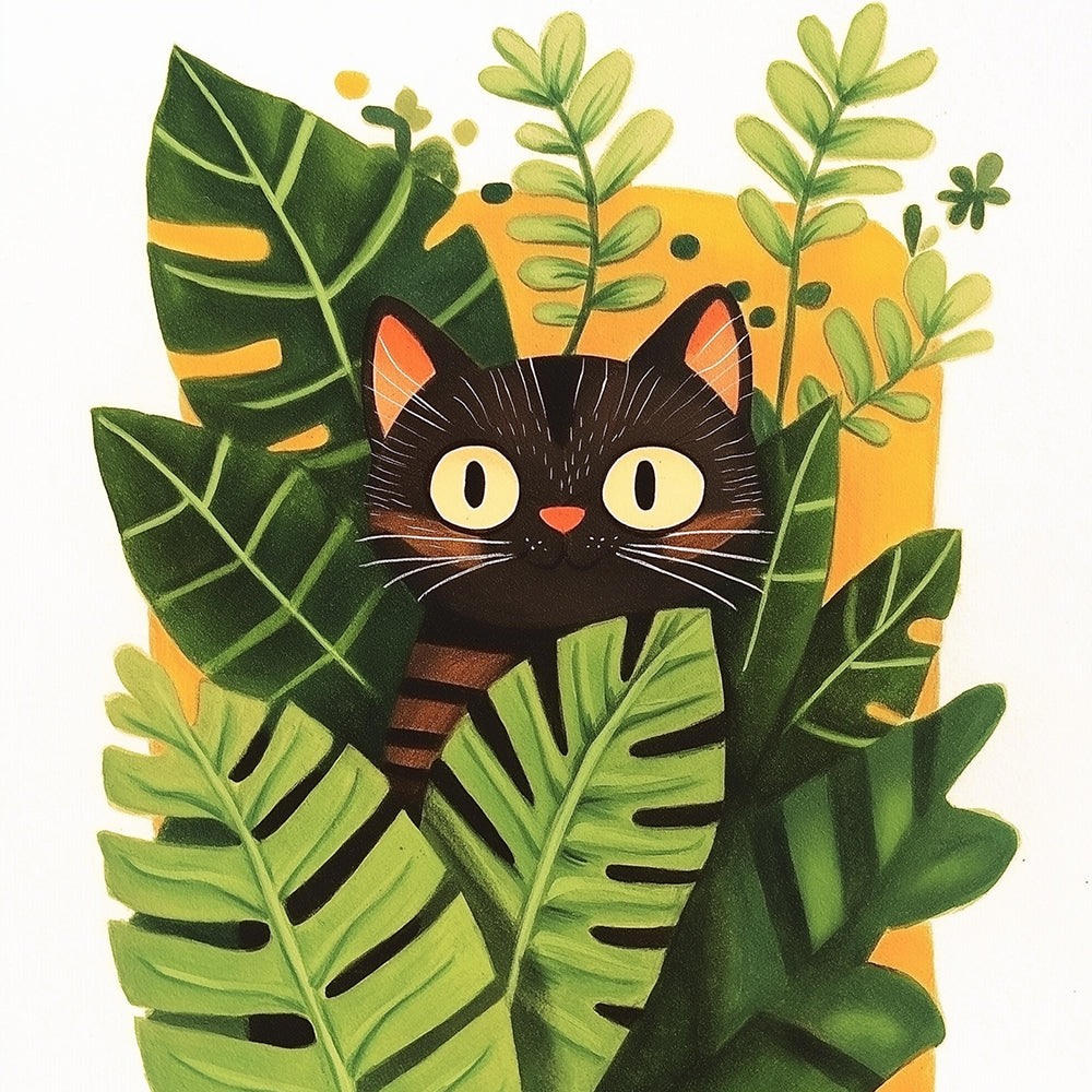 Gatito Negro Detrás de Hojas Verdes Pintar por Números