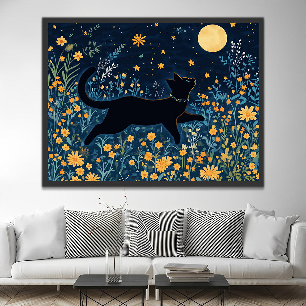 Gatito Negro en las Flores Mirando la Luna Pintar por Números