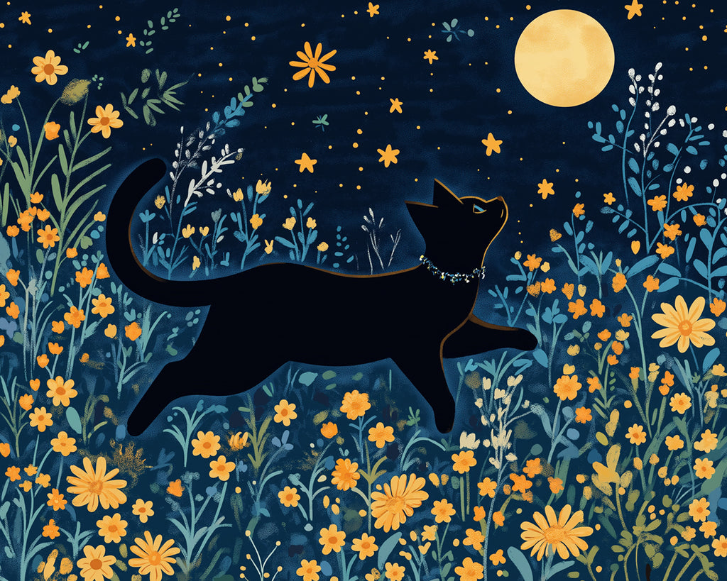 Gatito Negro en las Flores Mirando la Luna Pintar por Números