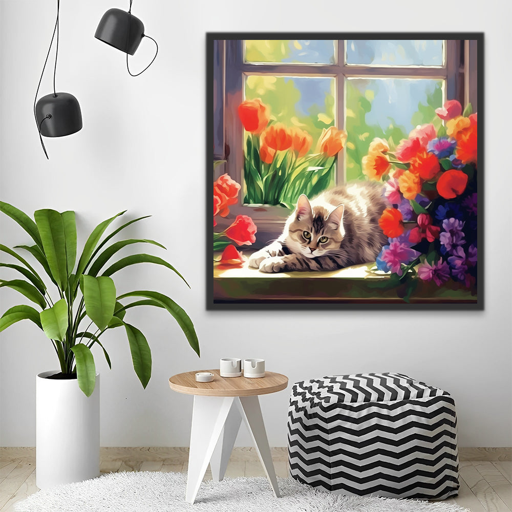 Gato al Lado de Ventana y Flores en el Alféizar Pintar por Números