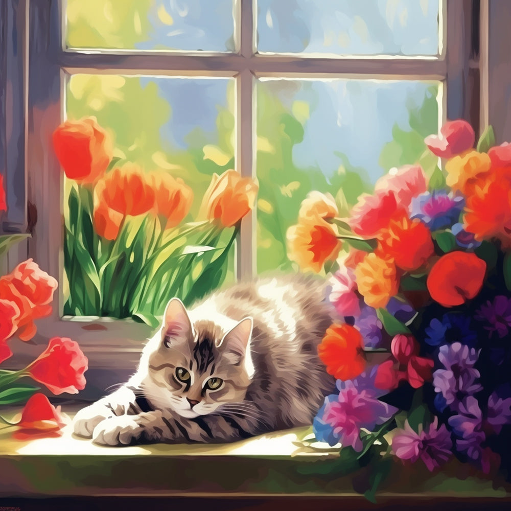 Gato al Lado de Ventana y Flores en el Alféizar Pintar por Números
