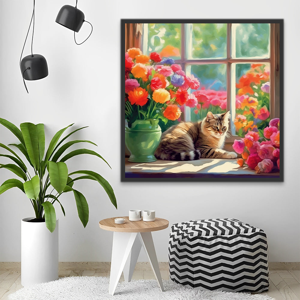 Gato al Sol Junto a la Ventana y Flores sobre Alféizar Pintar por Números