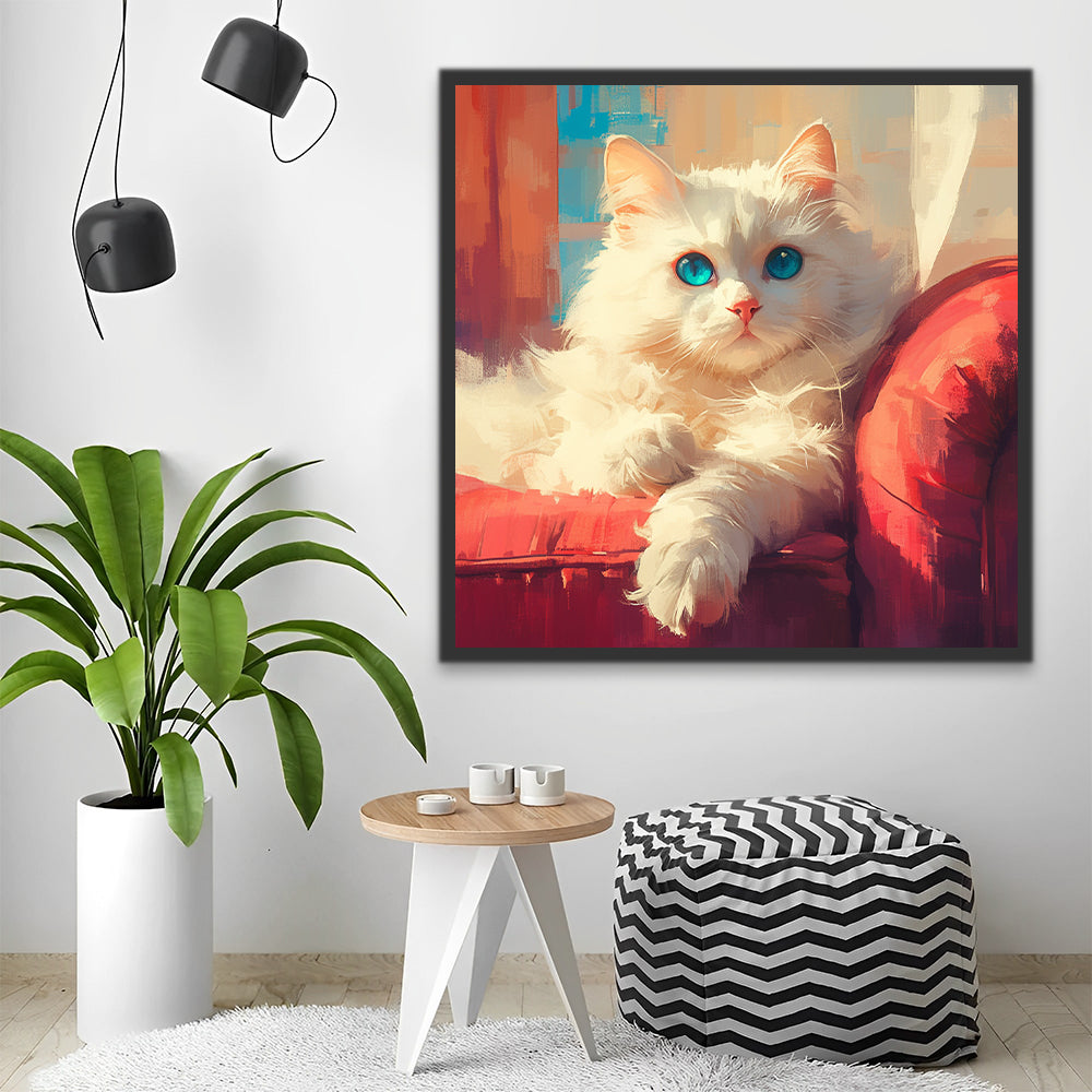 Gato Blanco Acostado sobre el Sofá Rojo Pintar por Números