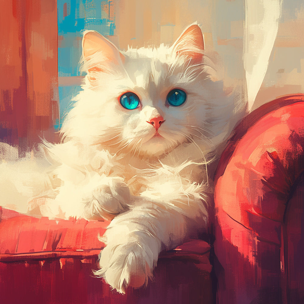 Gato Blanco Acostado sobre el Sofá Rojo Pintar por Números