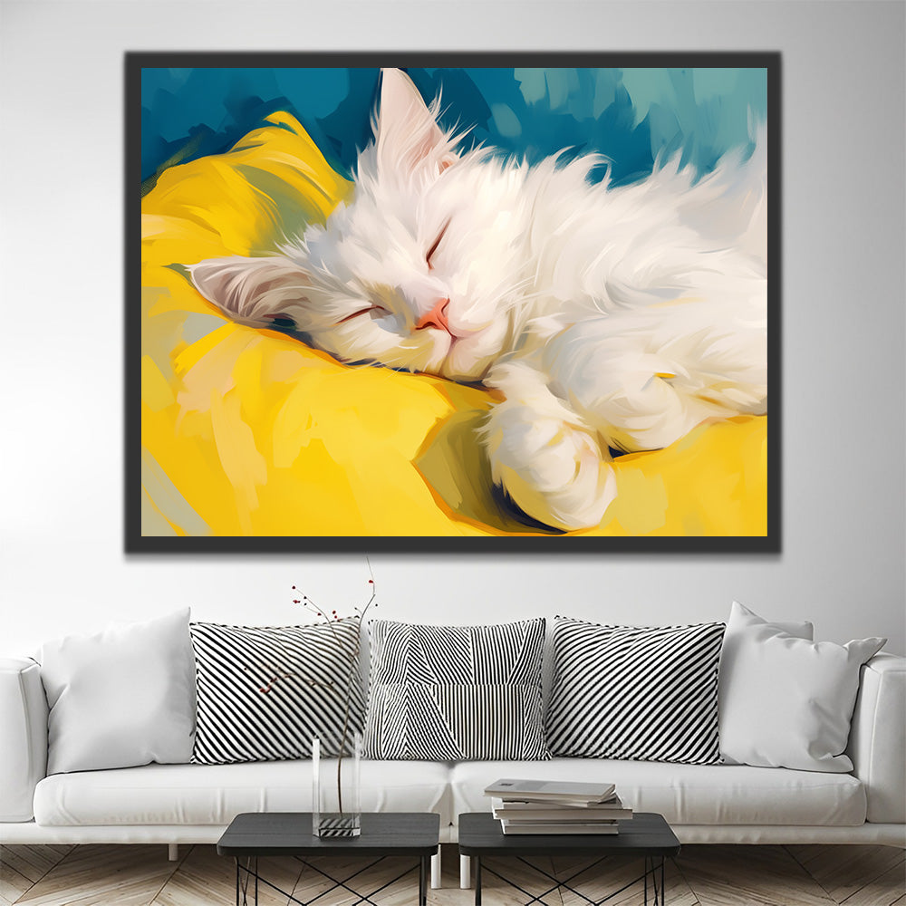 Gato Blanco Durmiendo en Almohada Amarilla Pintar por Números