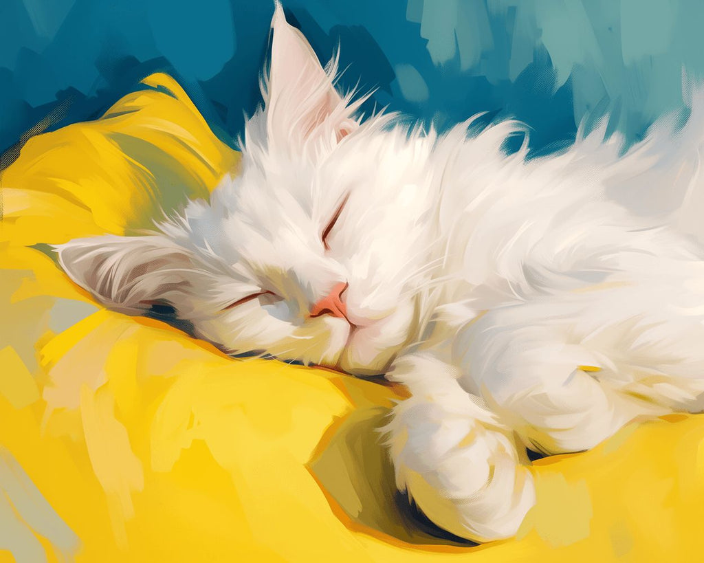 Gato Blanco Durmiendo en Almohada Amarilla Pintar por Números