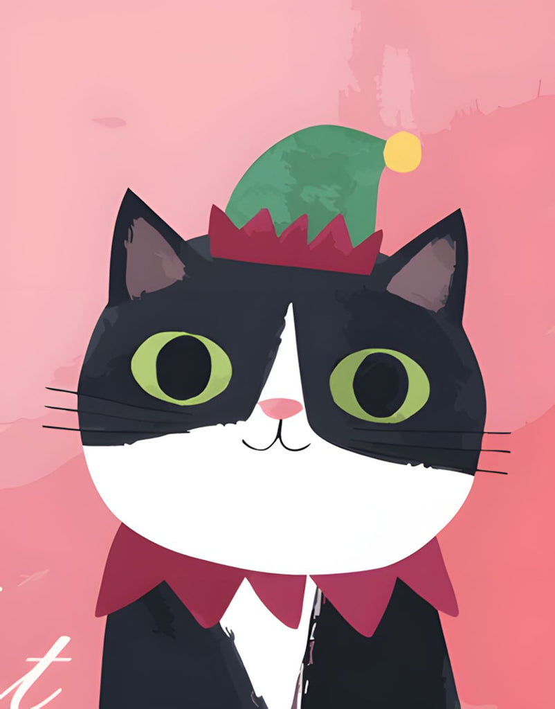 Gato Blanco y Negro con Gorro de Papá Noel Pintar por Números