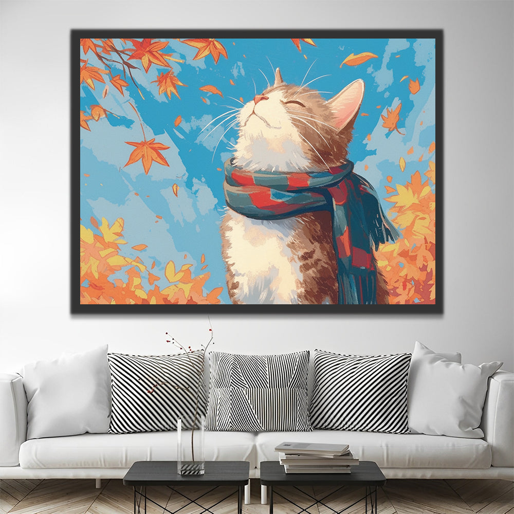 Gato con Bufanda en Otoño Pintar por Números