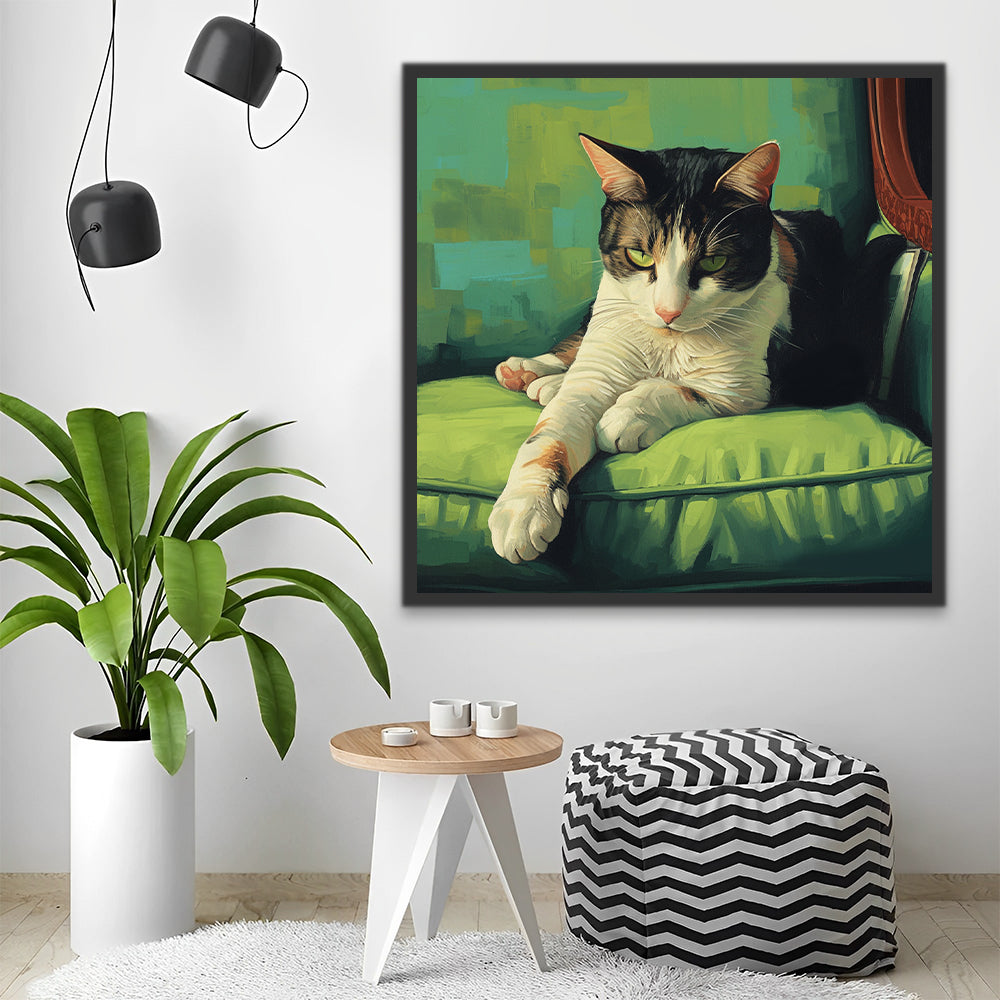 Gato de Tres Colores Acostado sobre el Sofá Verde Pintar por Números