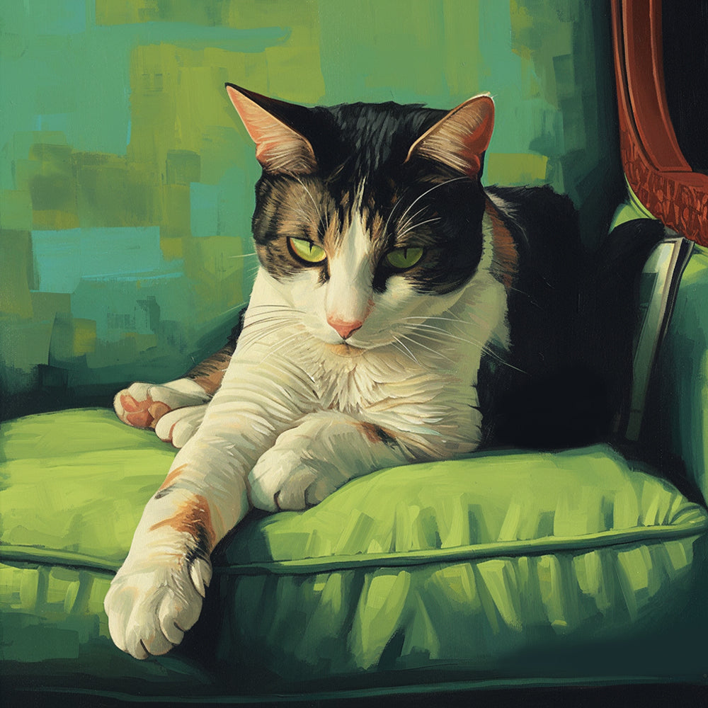 Gato de Tres Colores Acostado sobre el Sofá Verde Pintar por Números