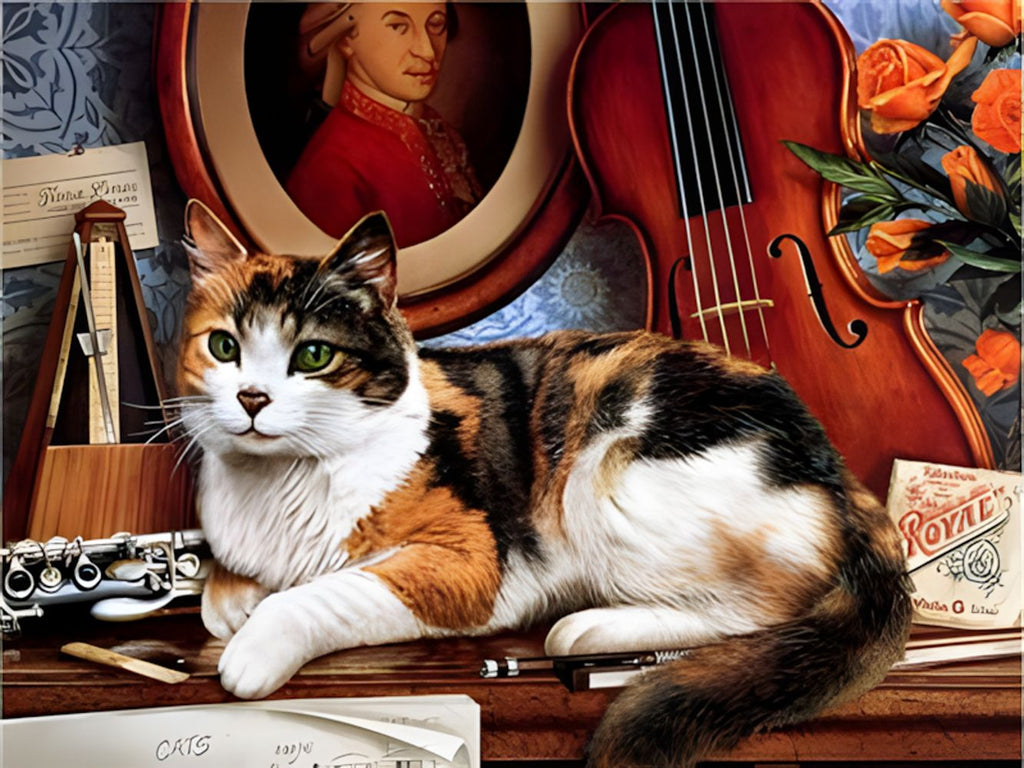 Gato de Tres Colores y una Guitarra en el Cuarto Pintar por Números