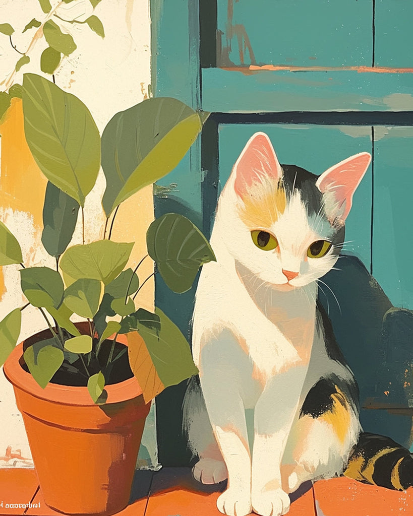 Gato de Tres Colores y una Planta Pintar por Números