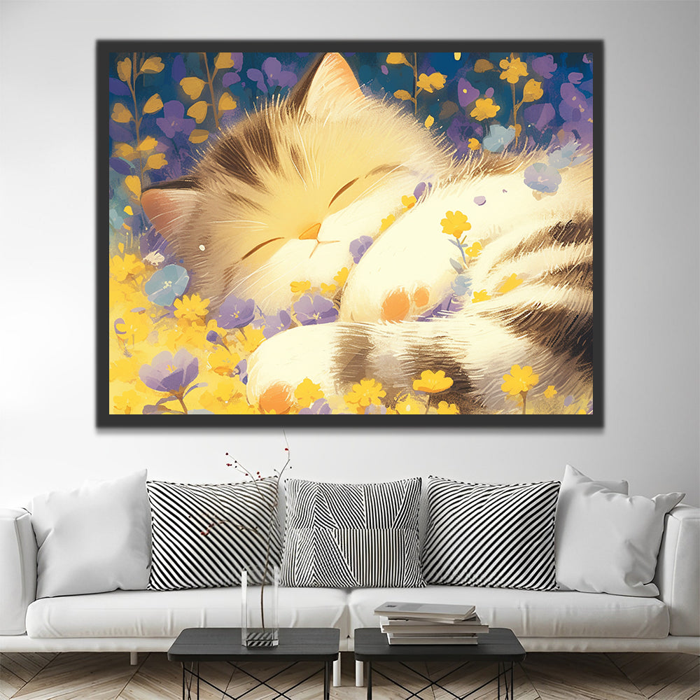 Gato Dormido en las Flores Violetas y Amarillas Pintar por Números