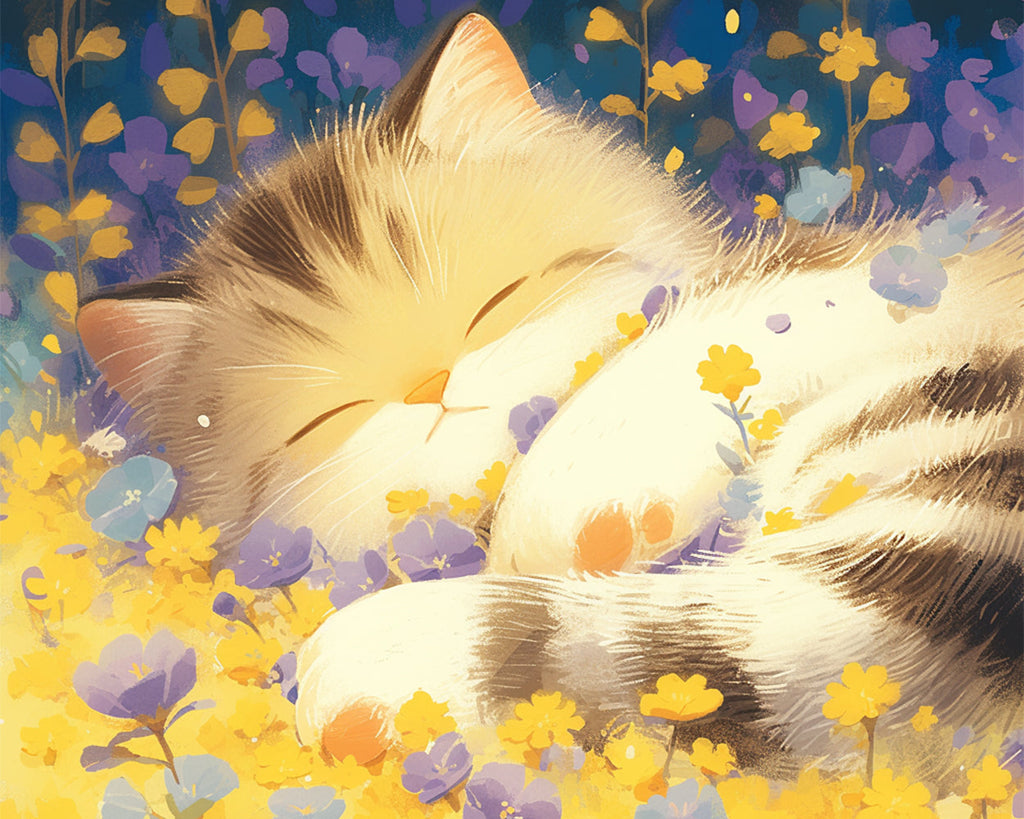 Gato Dormido en las Flores Violetas y Amarillas Pintar por Números