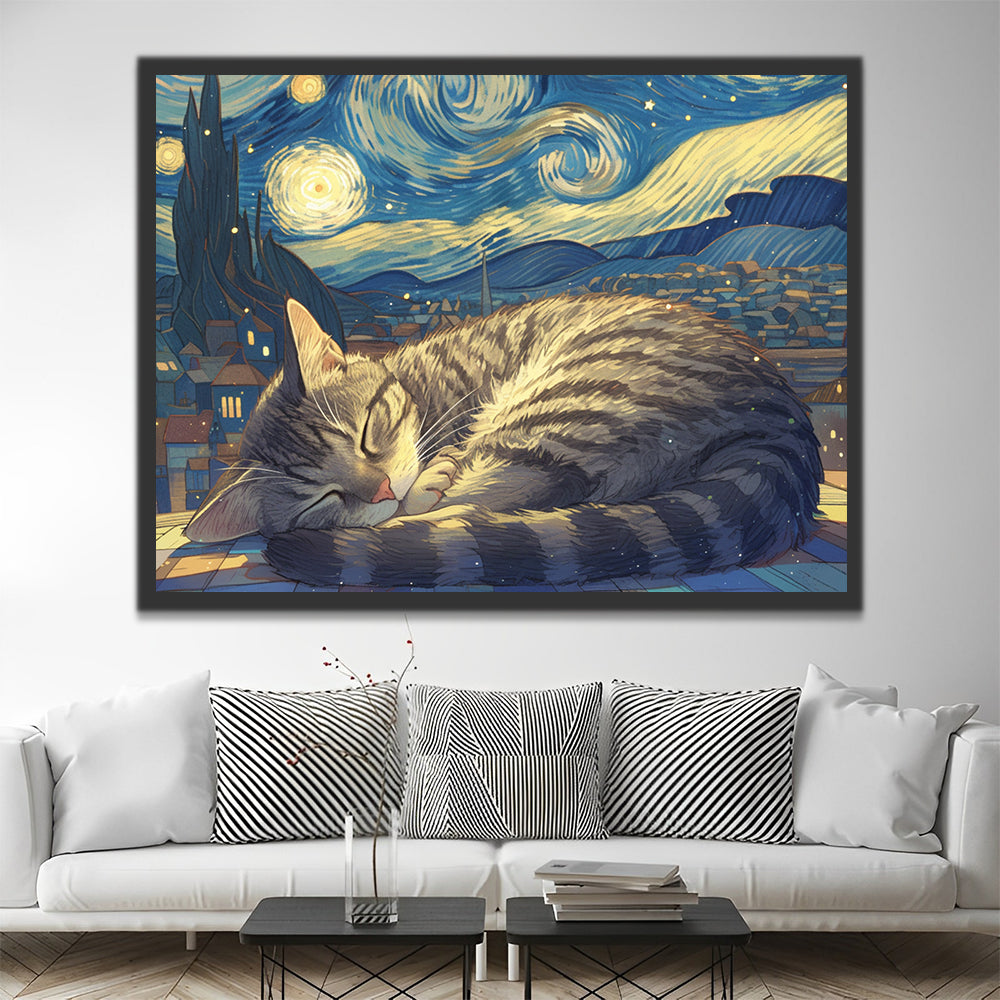 Gato Dormido y La Noche Estrellada Pintar por Números