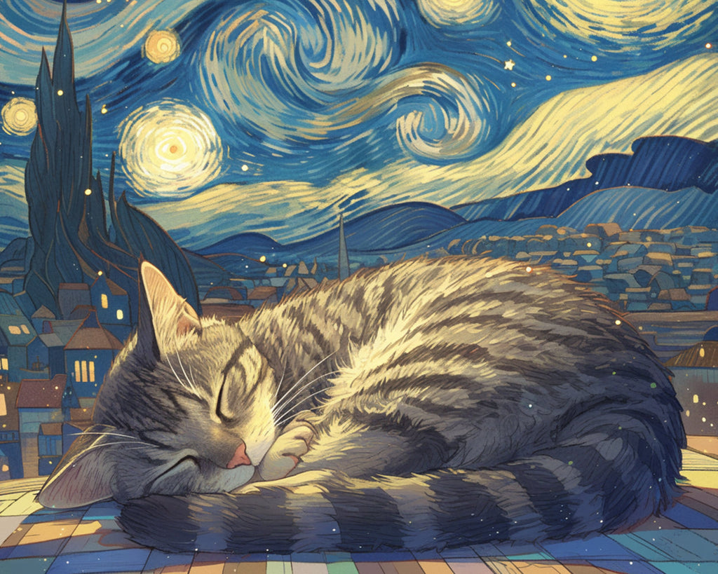 Gato Dormido y La Noche Estrellada Pintar por Números