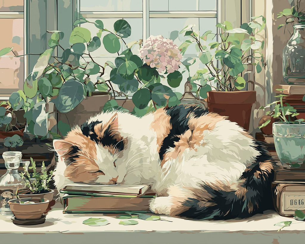 Gato Durmiendo sobre Libros Pintar por Números