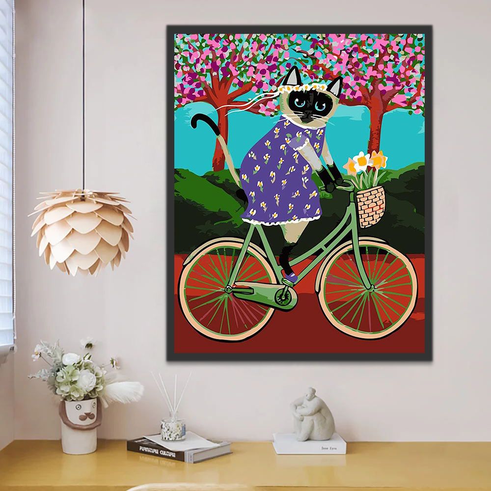 Gato Montando en Bicicleta por el Bosque Pintar por Números Niños