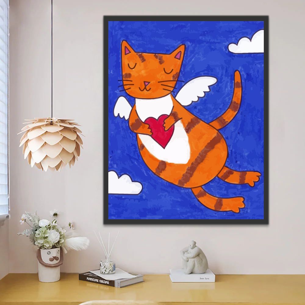 Gato Naranja con Alas Volando por el Cielo Pintar por Números Niños