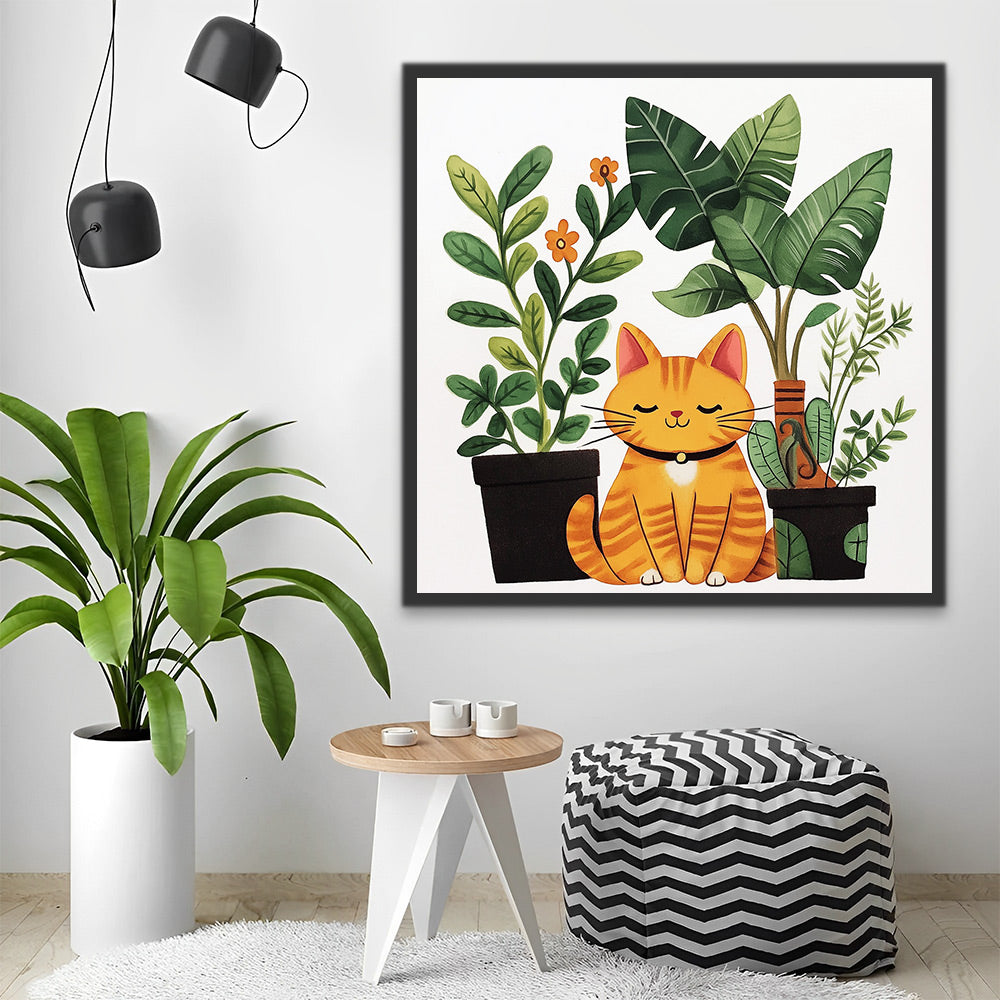 Gato Naranja con Plantas Verdes Pintar por Números