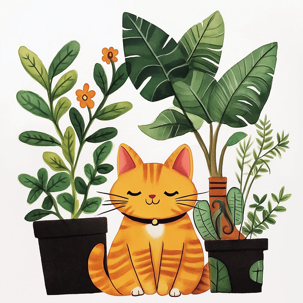 Gato Naranja con Plantas Verdes Pintar por Números