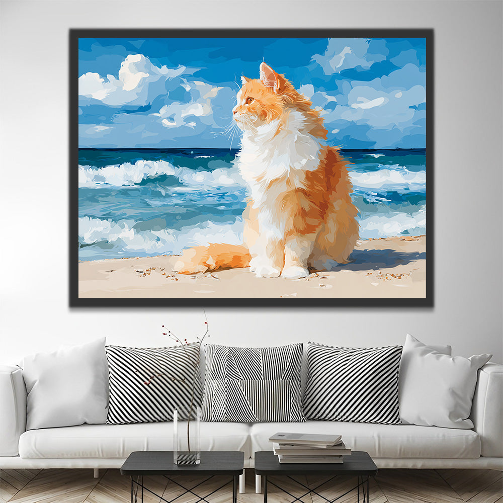 Gato Naranja Sentado en la Playa de Mar Pintar por Números