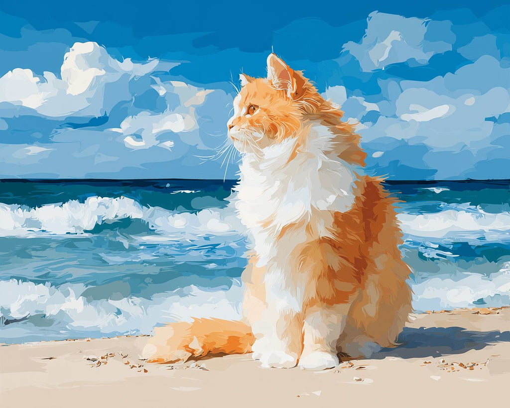 Gato Naranja Sentado en la Playa de Mar Pintar por Números