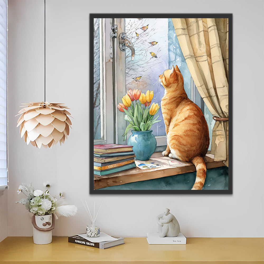 Gato Naranja y Tulipanes en el Alféizar Pintar por Números