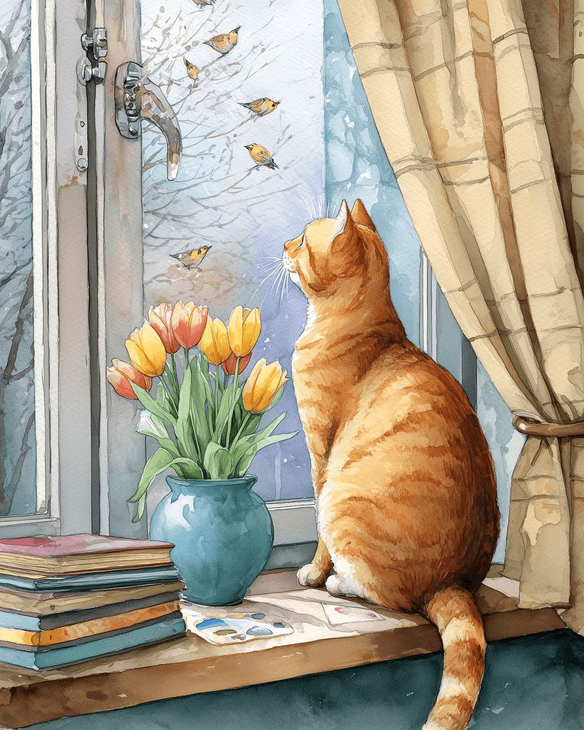 Gato Naranja y Tulipanes en el Alféizar Pintar por Números