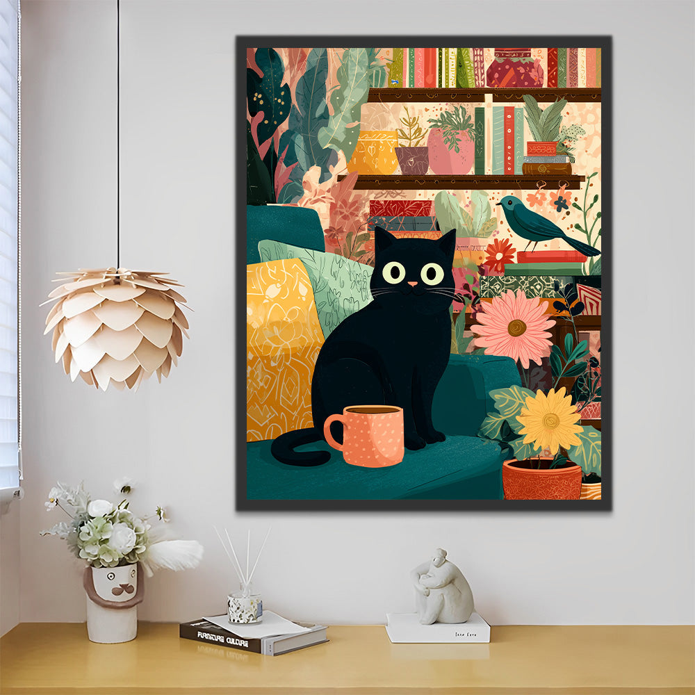Gato Negro en Habitación Llena de Plantas en Macetas Pintar por Números