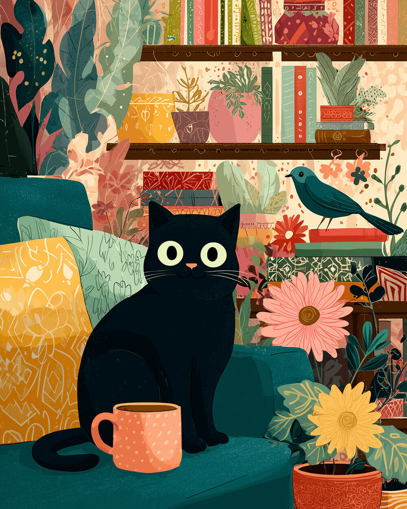 Gato Negro en Habitación Llena de Plantas en Macetas Pintar por Números