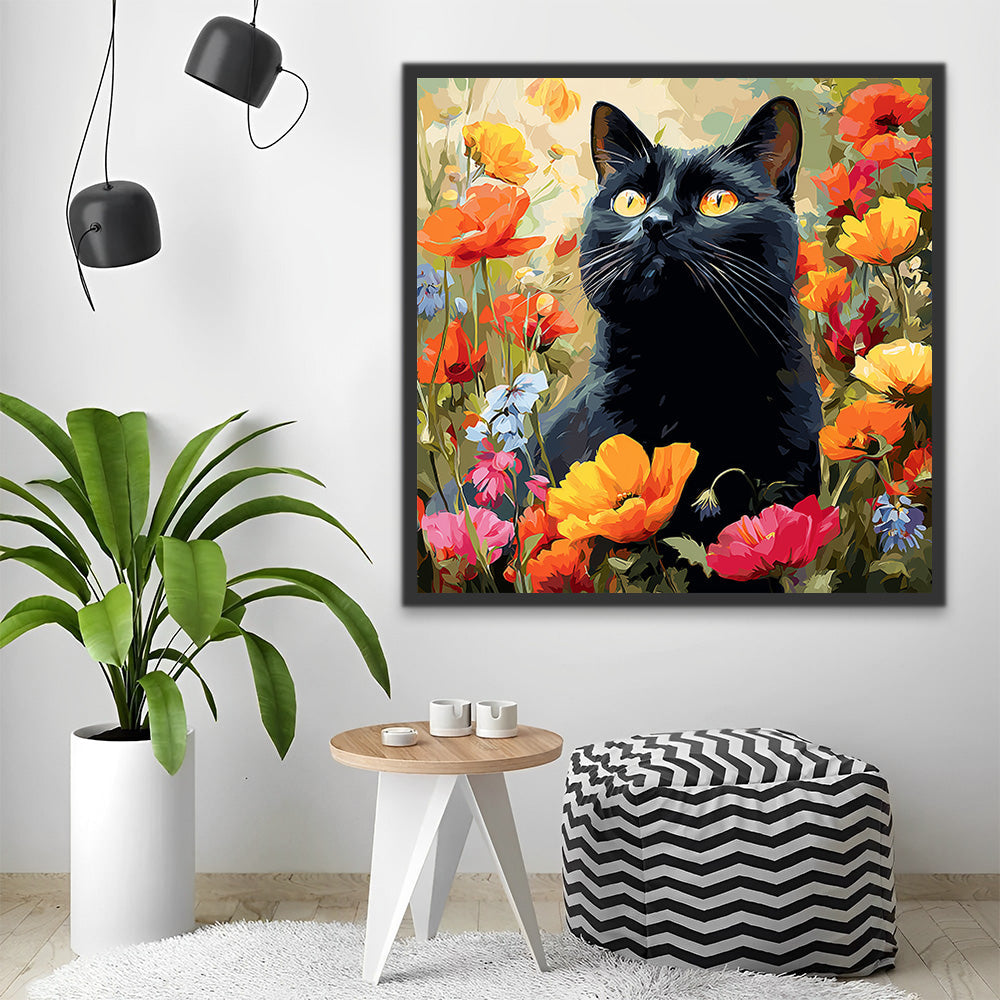Gato Negro entre Flores de Amapola Pintar por Números