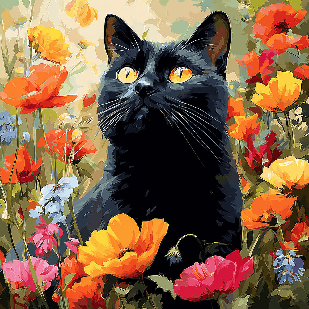 Gato Negro entre Flores de Amapola Pintar por Números
