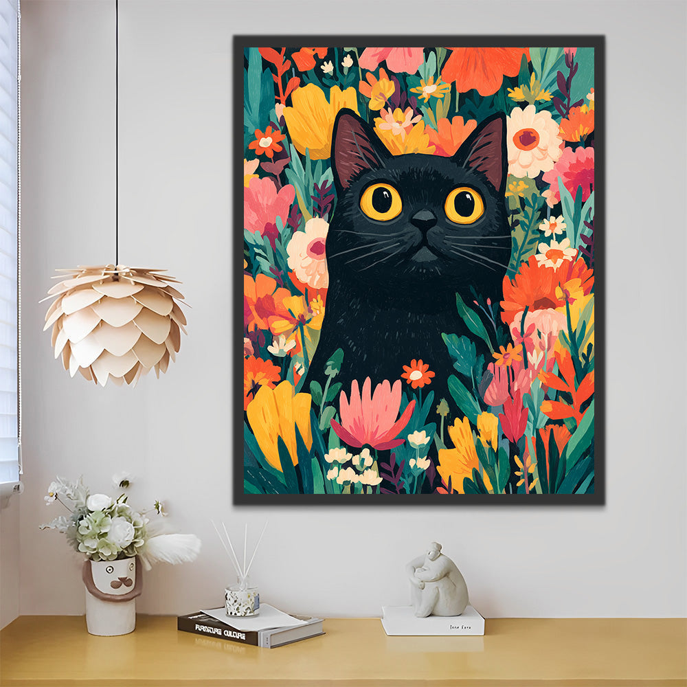 Gato Negro entre Flores Pintar por Números