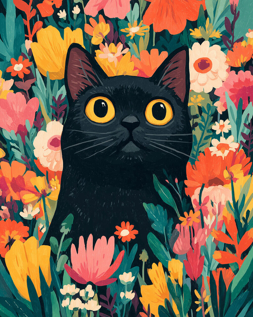 Gato Negro entre Flores Pintar por Números