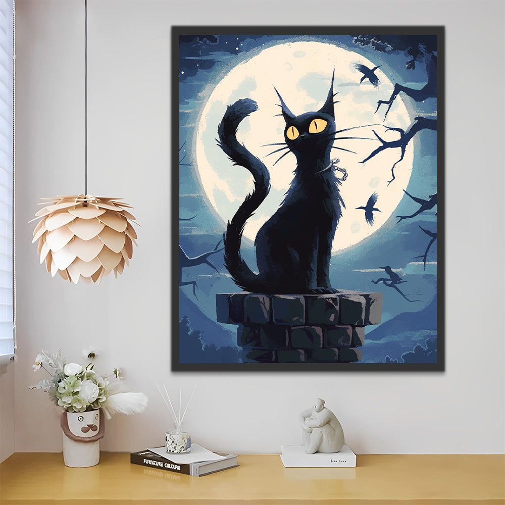 Gato Negro Sentado de Espalda a Luna Pintar por Números