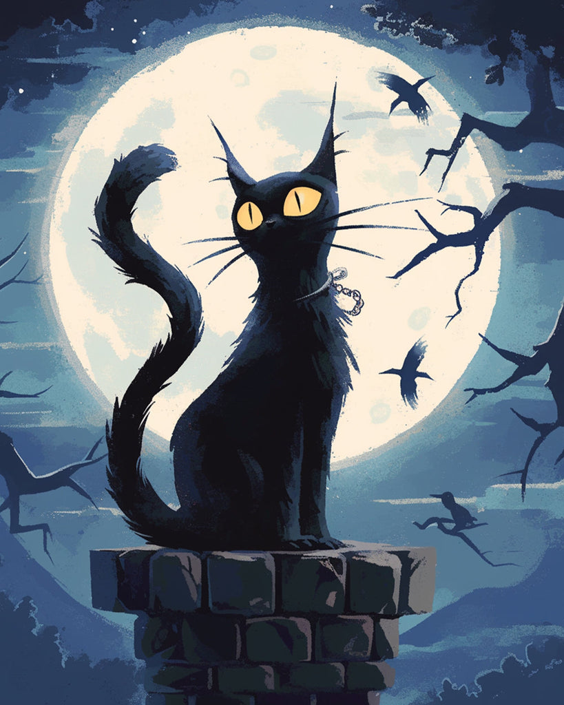 Gato Negro Sentado de Espalda a Luna Pintar por Números